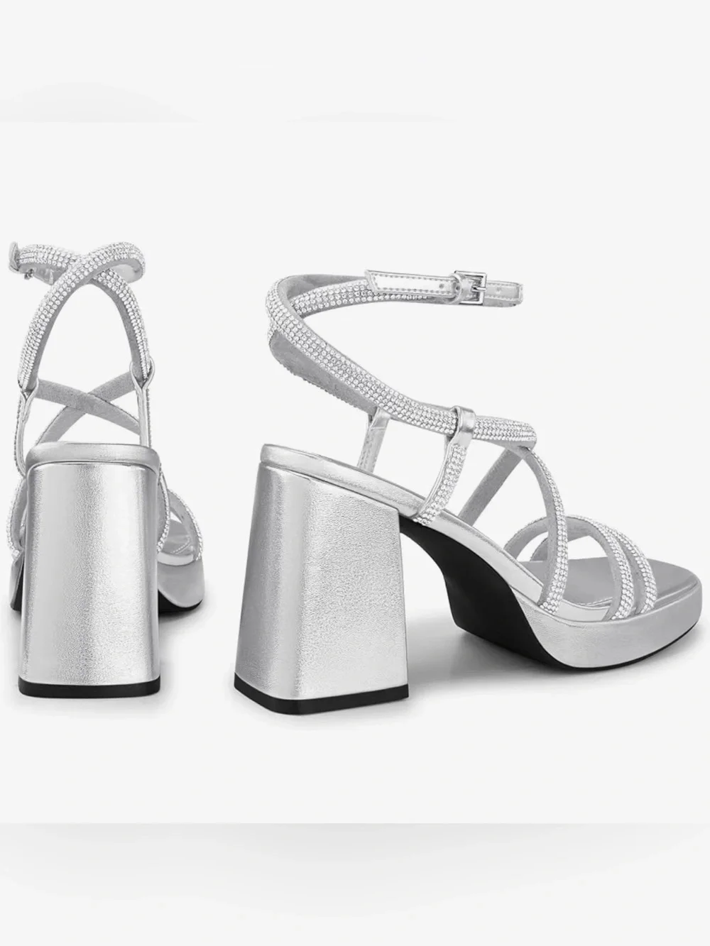 CellenzSilver Rhinestone Wrap-Ankle Block Heel Sandals